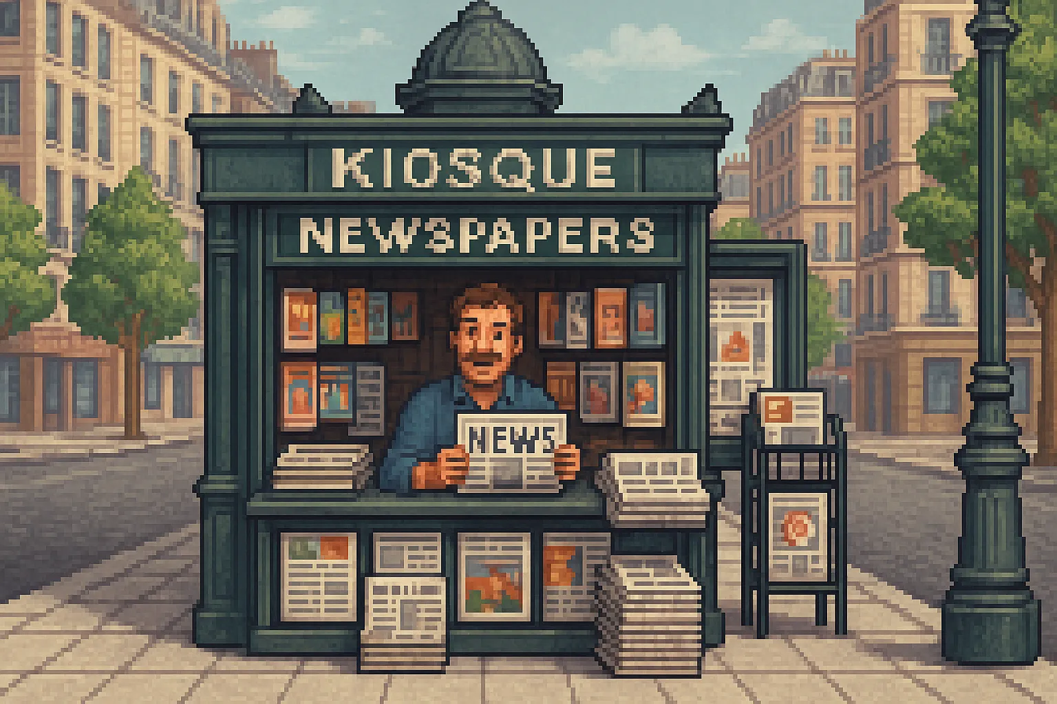 Un vendeur de journaux dans un kiosque parisien, pixel art