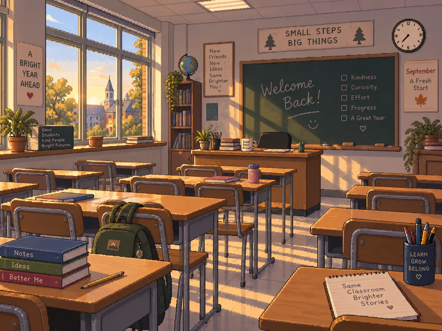 Une salle de classe vide au petit matin de septembre, pixel art