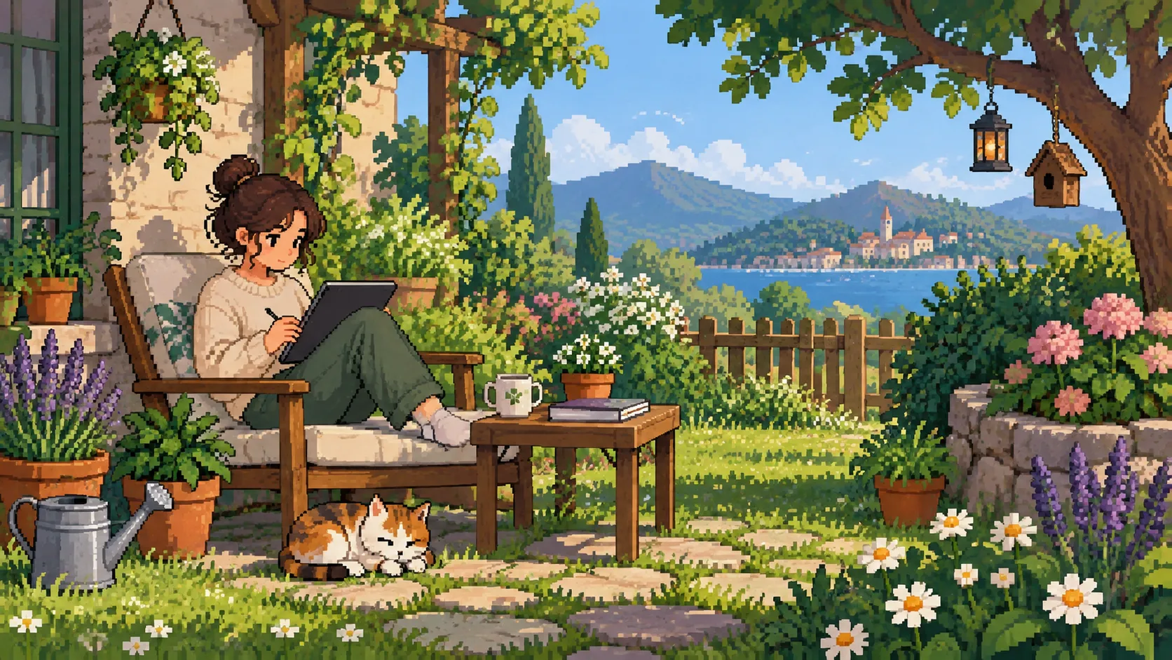 Quelqu’un travaillant sur une tablette dans un jardin, pixel art