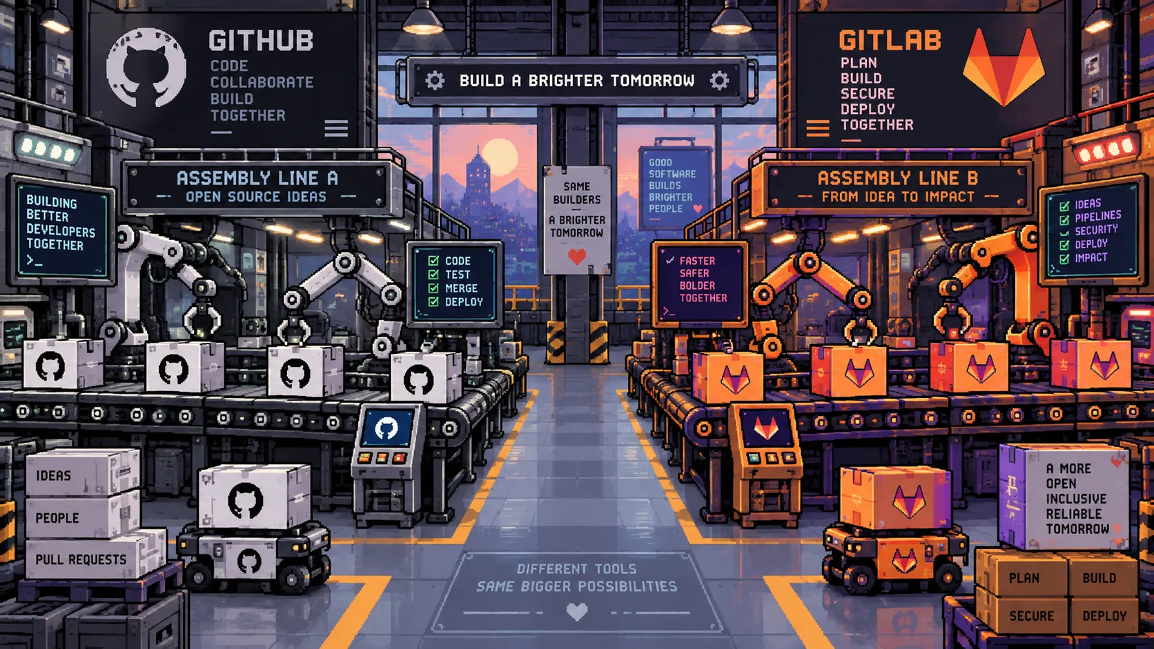 Deux chaînes de montage automatisées côte à côte, l'une aux couleurs de GitHub, l'autre de GitLab, pixel art