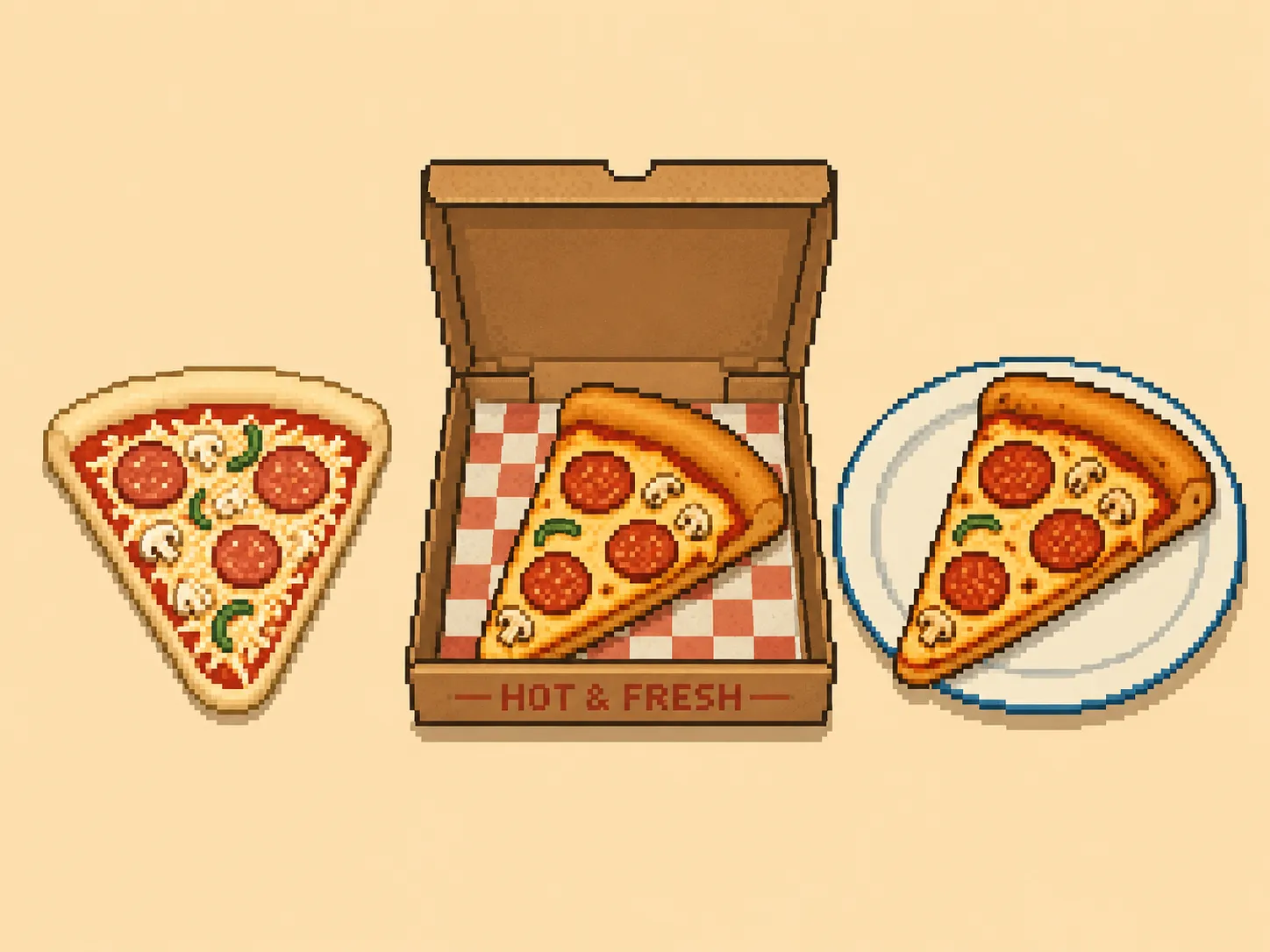 Trois parts de pizza alignées, la première crue, la deuxième dans un carton de livraison et la troisième servie sur une assiette, pixel art