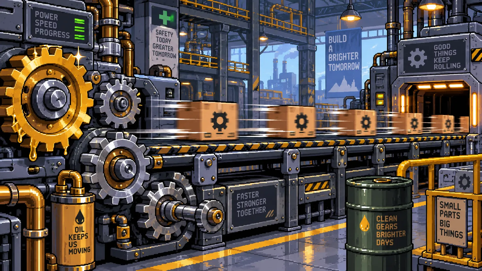 Un tapis roulant d'usine accéléré avec des rouages bien huilés, pixel art