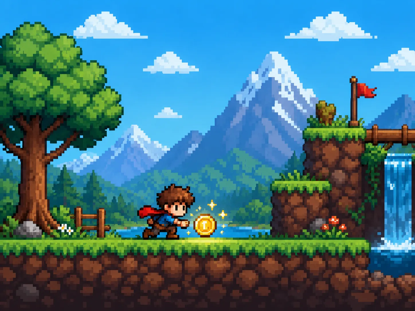 Un petit personnage pixel qui ramasse une pièce dorée à l'écran, pixel art